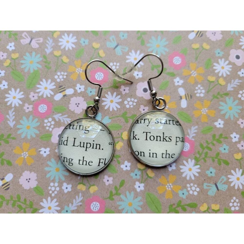 Lupin and Tonks pendant earrings made with Harry Potter book pages